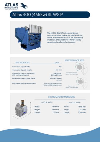 Atlas Incinerators Atlas 400 (465 kW) SL WS P – Drawing (Atlas Incinerators datasheet S. 1)
