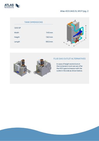 Atlas Incinerators Atlas 400 (465 kW) SL WS P – Drawing (Atlas Incinerators datasheet S. 2)