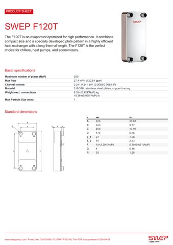 SWEP F120T – Drawing (SWEP datasheet S. 1)