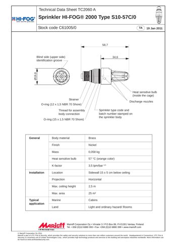 Marioff Hi-Fog HI-FOG 2000 Sprinkler - Type S10-57C/0 – Drawing (Marioff Hi-Fog datasheet S. 1)