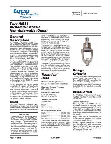 Tyco (Johnson Controls) AquaMist ULF AM31 – Drawing (Tyco (Johnson Controls) datasheet S. 1)