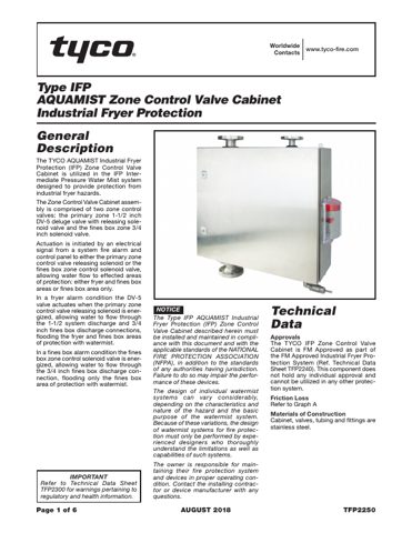 Tyco (Johnson Controls) AquaMist Type IFP Zone Control Valve Cabinet – Page preview (Tyco (Johnson Controls) datasheet S. 1)