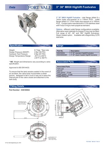 Fort Vale 3" 45° MKIII Highlift Footvalve – Drawing (Fort Vale datasheet S. 1)