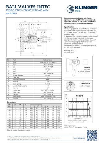 Klinger (KLINGER Schöneberg) INTEC K620/3 – Drawing (Klinger (KLINGER Schöneberg) datasheet S. 1)