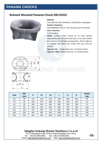 Qingdao Seakong Marine Machinery Co., Ltd Bulwark Mounted Panama Chocks DIN81915 Type A – Page preview (Qingdao Seakong Marine Machinery Co., Ltd datasheet S. 1)