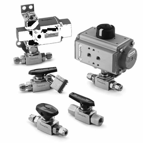 Swagelok Stainless Steel Multipurpose Ball Valve, SK Series, 1/4 in. Swagelok Tube Fitting, Locking Bracket – Photo (Swagelok datasheet S. 1)