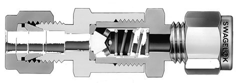 Swagelok Rückschlagventil, Edelstahl, 3/8 Zoll Swagelok Rohrverschraubung, 1,8 bar (25 psig) nominaler Öffnungsdruck – Photo (Swagelok datasheet S. 2)