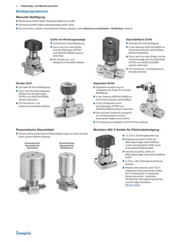 Swagelok Hochdruck-Membranventil UHP, Edelstahl 316L VIM-VAR, 1/4 Zoll VCR-Anschluss mit Außengewinde, SC-01 gereinigt, pneumatischer Steuerkopf, normal geschlossen, – Page preview (Swagelok datasheet S. 4)