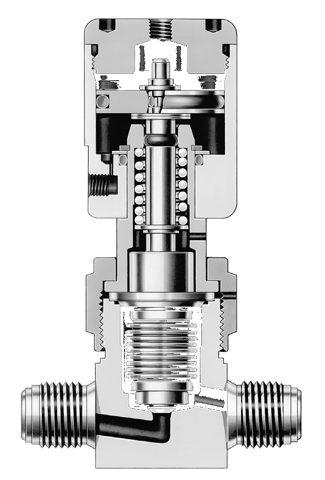 Swagelok Hochreines Faltenbalgventil, Edelstahl 316L, 1/4 Zoll VCR-Außengewinde, pneumatischer Steuerkopf, normal geschlossen – Photo (Swagelok datasheet S. 2)