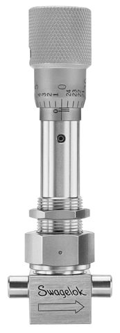 Swagelok Faltenbalg-Dosierventil, Edelstahl, mit Körperdichtscheibe, Dosierspindelspitze, 1/4 Zoll Swagelok Rohrverschraubung – Photo (Swagelok datasheet S. 1)