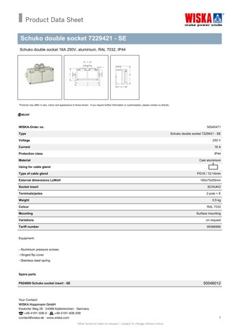 WISKA Schuko double socket 7229421 - SE – Drawing (1140168ee829_S1-1 S. 1)