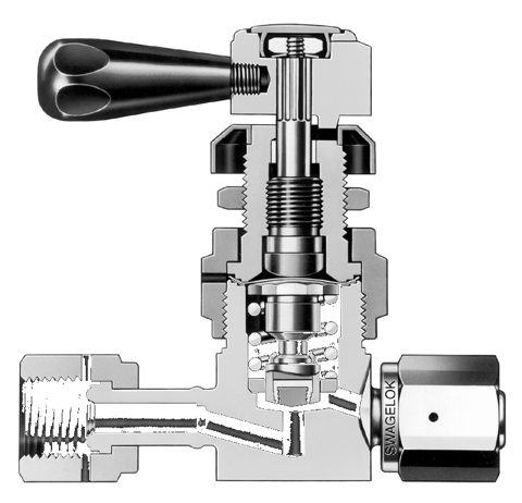 Swagelok Hochreines Hochdruck-Membranventil, Edelstahl, 3/8 Zoll Swagelok Rohrverschraubung, runder Griff – Photo (Swagelok datasheet S. 2)