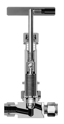 Swagelok Faltenbalgventil mit Sekundärpackung, Edelstahl, verschweißt, kugelförmige Spindelspitze, 1/4 Zoll Swagelok Rohrverschraubung – Photo (Swagelok datasheet S. 2)
