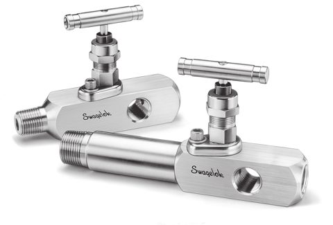 Swagelok Manometernadelventile mit verschraubtem Ventilhals, Edelstahl, 1/2 Zoll NPT-Außengewinde x 1/2 Zoll NPT-Innengewinde, Kugelspindel, Sitz Edelstahl 316 – Photo (Swagelok datasheet S. 1)