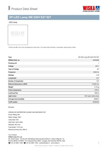 WISKA SP-LED Lamp 9W 230V E27 827 – Drawing (593debf874bd_S1-1 S. 1)