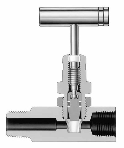 Swagelok Regulier- und Absperrnadelventil mit geradem Durchgang, Edelstahl, 1/4 Zoll NPT-Innengewinde, Manometeranschluss – Photo (Swagelok datasheet S. 2)