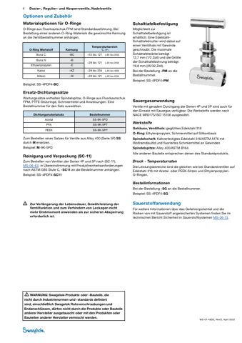 Swagelok Regulier- und Absperrnadelventil mit geradem Durchgang, Edelstahl, 1/4 Zoll NPT-Innengewinde, Manometeranschluss – Page preview (Swagelok datasheet S. 4)