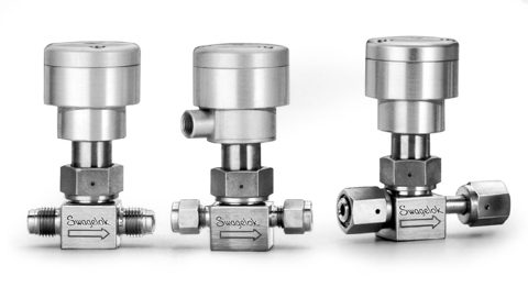 Swagelok Válvula de fuelle de acero inox., cierre del fuelle con junta, obturador de PCTFE, 3/8 pulg. Swagelok, Limpieza SC-11, Actuador neumático NO – Photo (Swagelok datasheet S. 8)