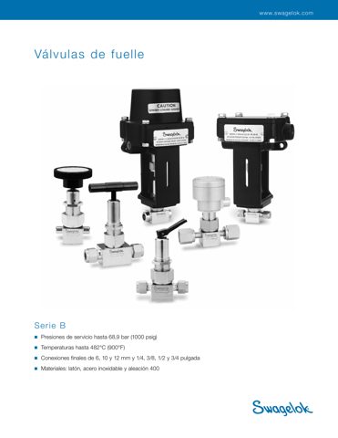 Swagelok Válvula de fuelle de acero inox., cierre del fuelle con junta, obturador de PCTFE, 3/8 pulg. Swagelok, Limpieza SC-11, Actuador neumático NO – Drawing (Swagelok datasheet S. 1)