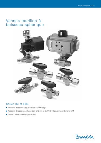 Swagelok Vanne à boisseau sphérique 3 voies haute pression 3 pièces en acier inoxydable, sièges en PCTFE, raccord pour tube 3/8 po x raccord pour tube 3/8 po x filetage  – Drawing (Swagelok datasheet S. 1)