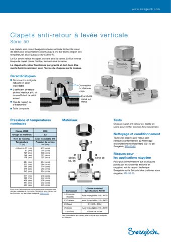Swagelok Clapet anti-retour à levée verticale en acier inoxydable, Cv de 2,20, filetage NPT femelle 1/2 po – Page preview (Swagelok datasheet S. 1)