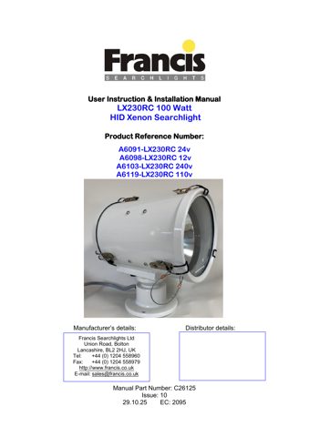 Francis Searchlights LX230RC – Drawing (dfc61e18e4c5_S1-1 S. 1)