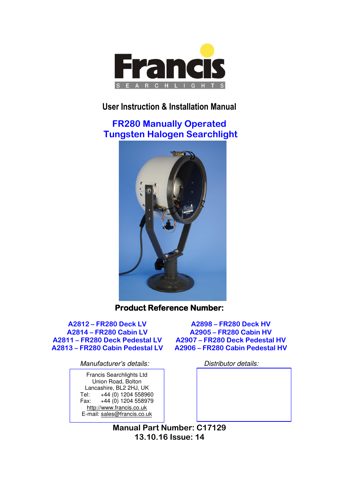 Francis Searchlights FR280 Deck LV – Drawing (4439bdae1cbc_S1-1 S. 1)