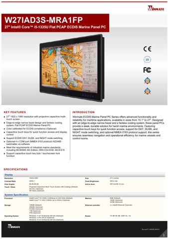 WinMate Inc. W27IAD3S­MRA1FP – Drawing (a7da79b02f6a_S1-1 S. 1)