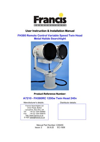 Francis Searchlights FH380RC 1200w Twin Head – Drawing (0cfb7a5e4dbd_S1-1 S. 1)