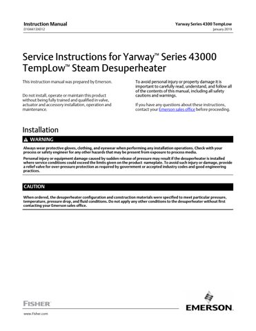 emerson Yarway™ Series 43000 TempLow™ Steam Desuperheater – Drawing (cadb4003da80_S1-1 S. 1)