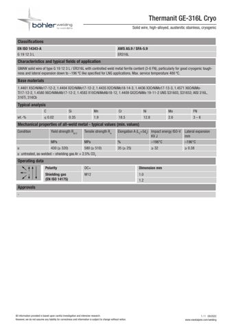 voestalpine Böhler Welding Germany Thermanit GE-316L Si / M12 – Drawing (cf57e2f371d0_S1-1 S. 1)