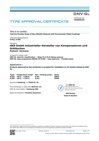 HKS GmbH industrieller Hersteller von Kompensatoren und Schläuchen S 032, S 050 – Drawing (68e7d292cddc_S1-1 S. 1)