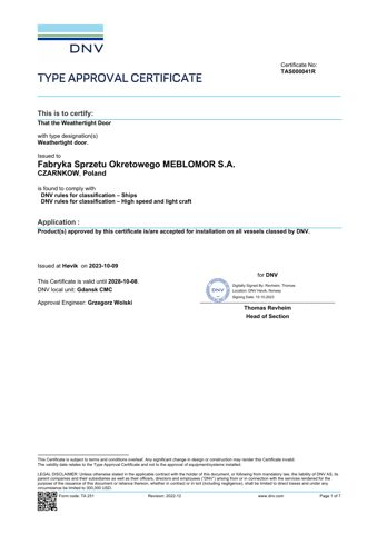 Fabryka Sprzetu Okretowego MEBLOMOR S.A. Weathertight door. – Rysunek (4e967a103334_S1-1 S. 1)