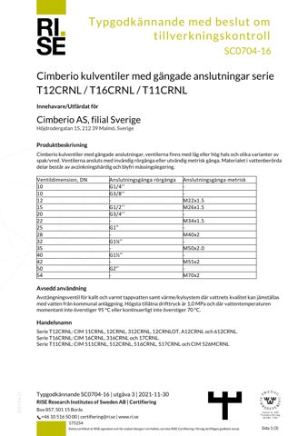 CIMBERIO SPA Cim 11CRNL – Drawing (49b0e53069a6_S1-1 S. 1)