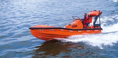 Palfinger Marine Safety AS Model FRSQ 700 A, 7.287 m x 2.662 m x 2.667 m, 15-person SOLAS rigid fast rescue boat of aluminum construction.
