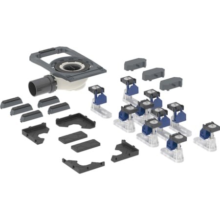 Geberit Duofix shower drain with ten short feet, integrated for CleanFloor30 shower surface, depth of water seal 50 mm