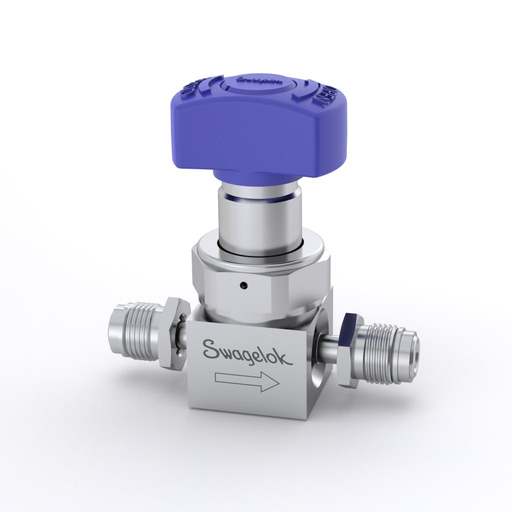 Swagelok 316L VIM-VAR UHP Diaphragm Sealed Valve, 1/4 in. Rotatable Male VCR Fitting, SC-01 Cleaned, Blue Directional Handle