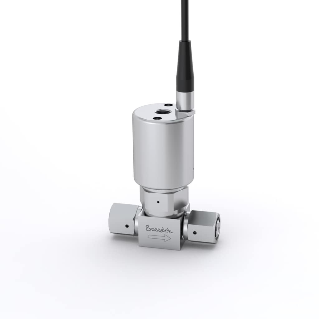 Swagelok Válvula de diafragma UHP de acero inox. 316L VIM- VAR, 1/4 pulg. VCR hembra, Limpieza SC-01, Actuador neumático normalmente cerrado, Indicador de posición