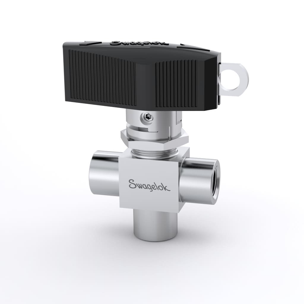 Swagelok Stainless Steel 1-Piece 40G Series 3-Way Ball Valve, 0.75 Cv, 1/4 in. FNPT, L Flow Path, Latch Lock Handle