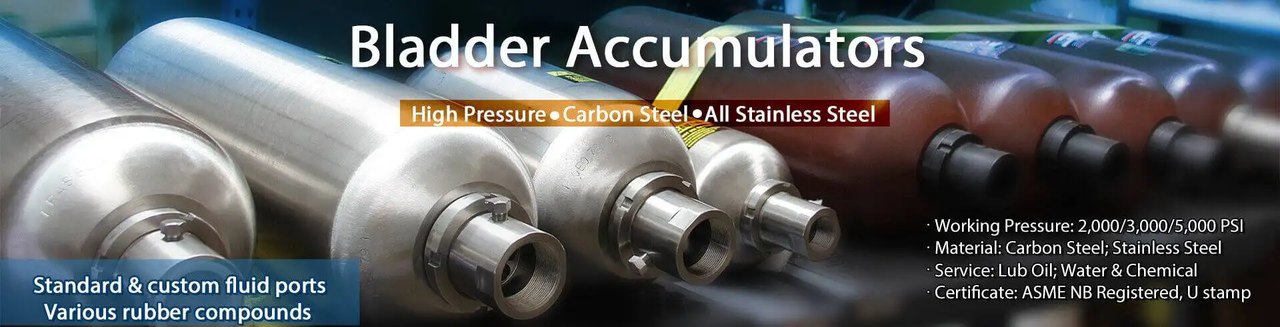 Accumulators 2000 psi WP Bladder Type Accumulator, Stainless Steel, 2.5-15 Gallon Capacity, 2000 psi WP Bladder Type Accumulator, Stainless Steel, 2.5-15 Gallon Capacity, Top Repairable