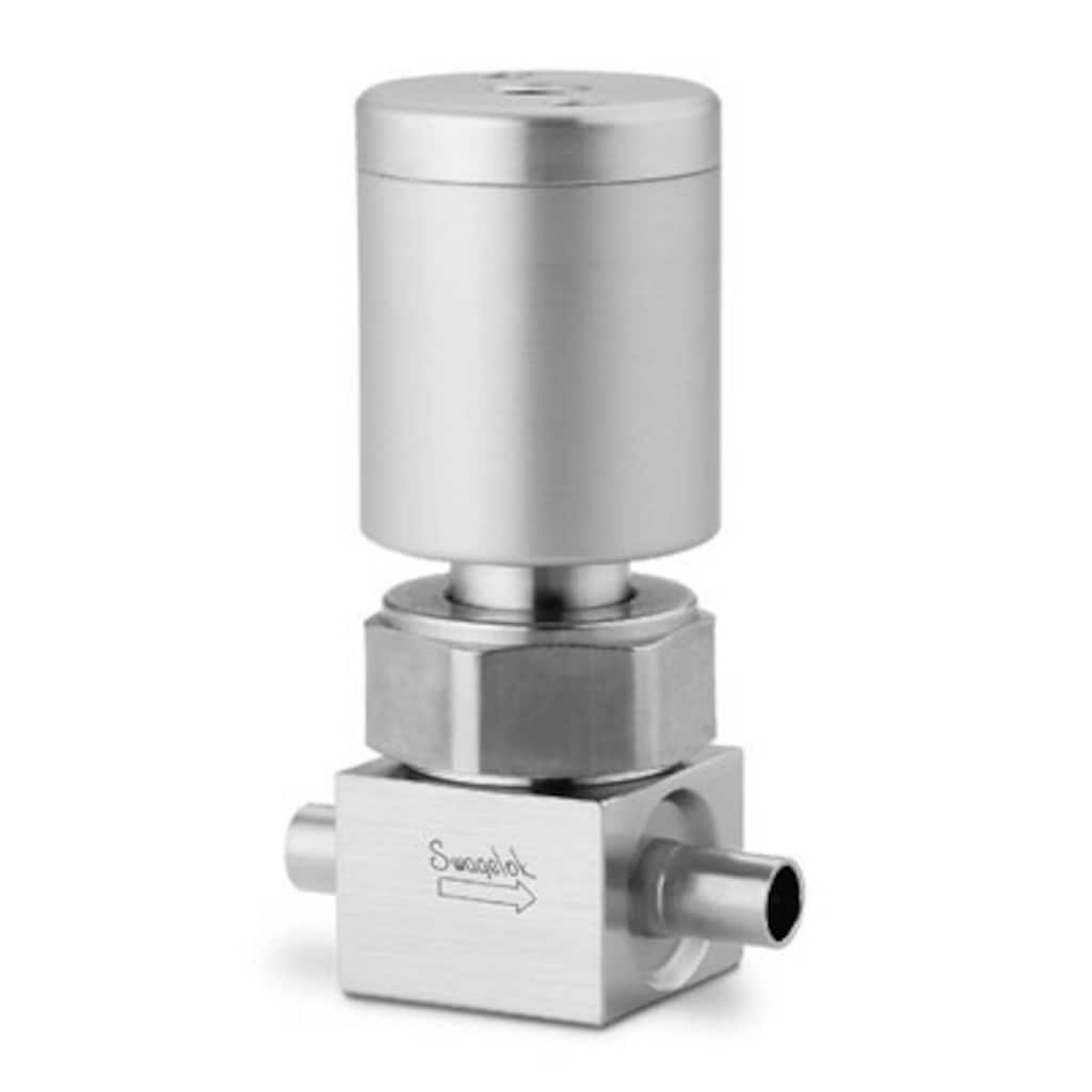 Swagelok Válvula de diafragma UHP de alto caudal de acero inox. 316L VAR, 1/2 x 0,049 pulg. TBW, Limpieza SC-01, Actuador neumático normalmente cerrado