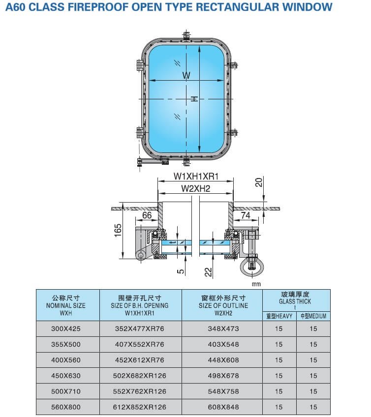 Jingjiang Jinzhou Marine Equipment Class A-60 Rectangular Window