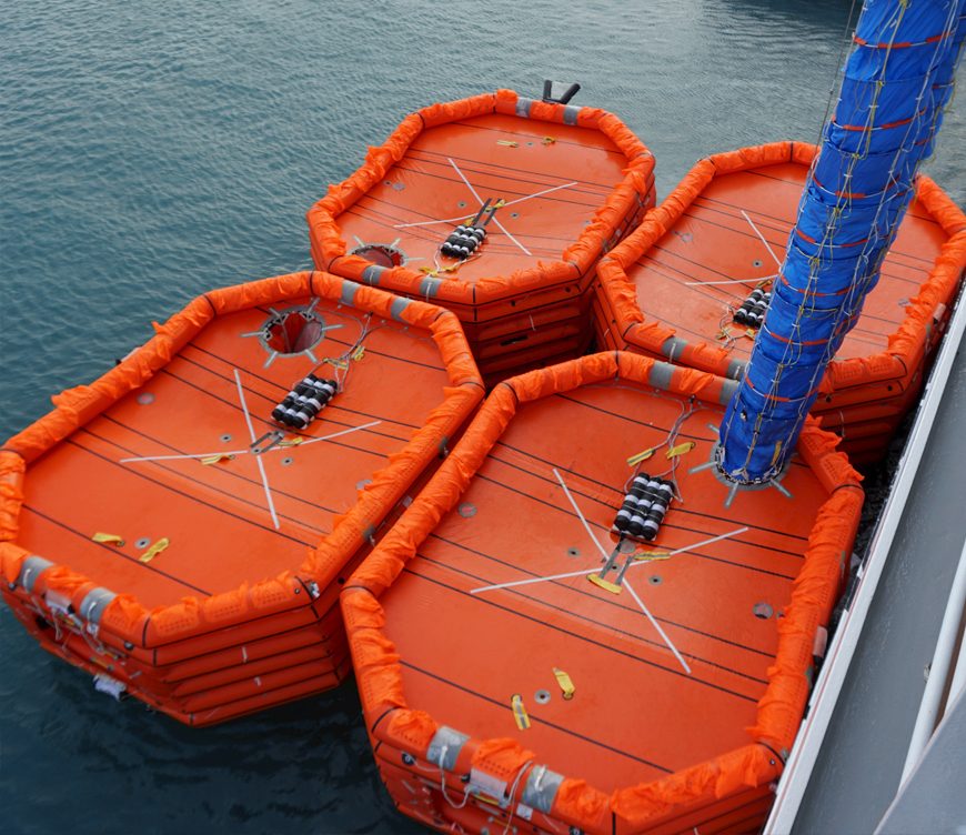 Survitec Group Vertical chute gravity deployed marine evacuation system with the direct access liferafts (Marin Ark Mk1)