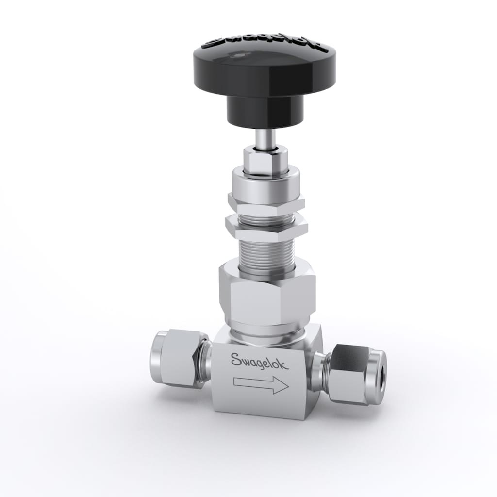 Swagelok Stainless Steel Severe Service Union Bonnet Needle Valve, 0.35 Cv, 1/4 in. Tube Fitting, Ball Stem, Black Knob Handle, Grafoil Packing