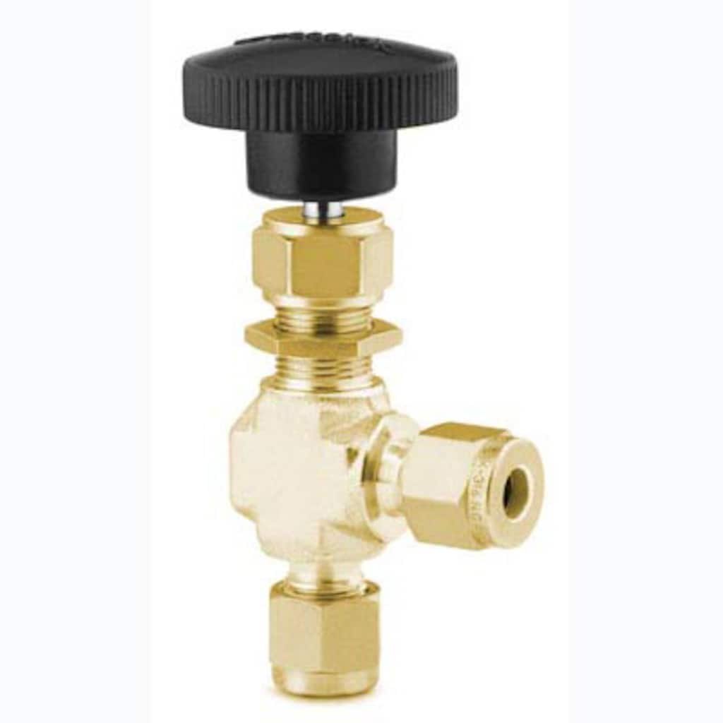 Swagelok Brass Integral Bonnet Angle-Pattern Needle Valve, 3/8 in. Swagelok Tube Fitting, Regulating Stem