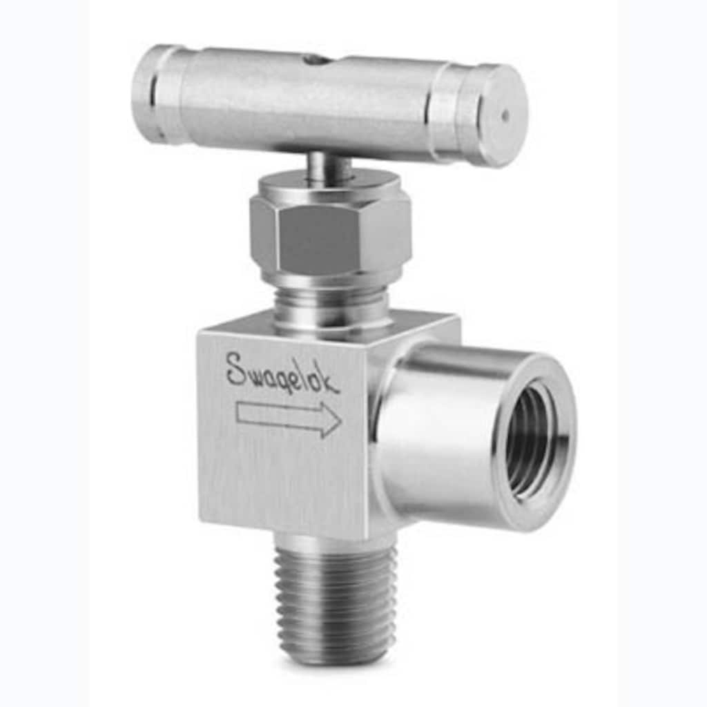 Swagelok Regulier- und Absperrventil mit integriertem Ventilhals, Edelstahl, Winkelausführung, 1/2 Zoll NPT-Außengewinde x 1/2 Zoll NPT-Innengewinde, V-Spindel