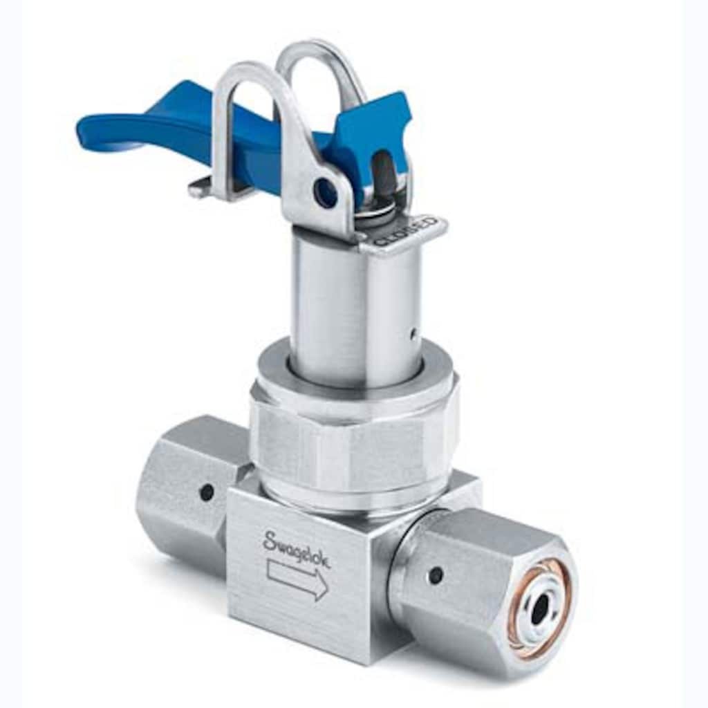 Swagelok 316L VIM-VAR UHP Diaphragm Sealed Valve, 1/4 in. Integral Male VCR Fitting, SC-01 Cleaned, Blue Toggle