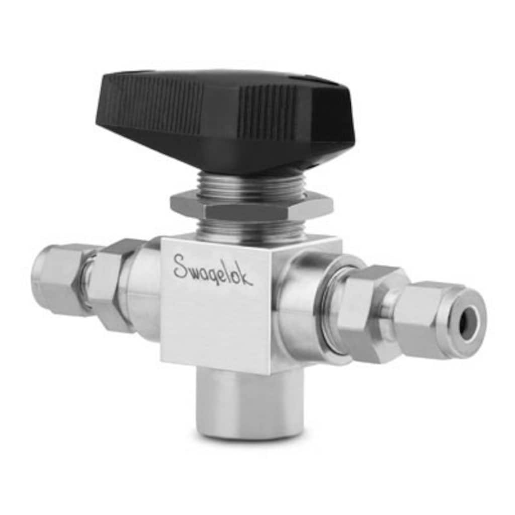 Swagelok 3-Wege Kugelhahn, Edelstahl, Hochdruck, dreiteilig, Sitze aus PEEK, 3/8 Zoll Rohrverschraubung x 1/4 Zoll NPT-Innengewinde