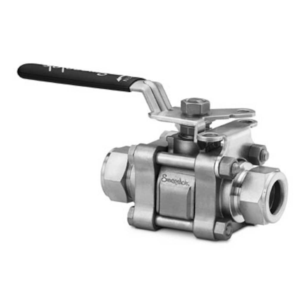 Swagelok Stainless Steel 3-Piece 60 Series Ball Valve, Reinforced PTFE Seats, 1 in. Swagelok Tube Fitting, Locking Lever Handle