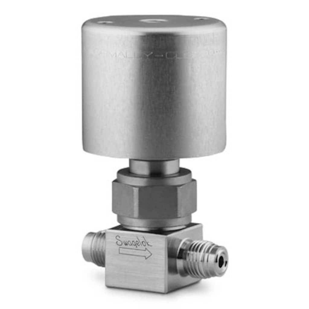 Swagelok Válvula de fuelle de alta presión de acero inox., 1/4 pulg. Swagelok VCR macho, Obturador de poliimida, Actuador neumático NC